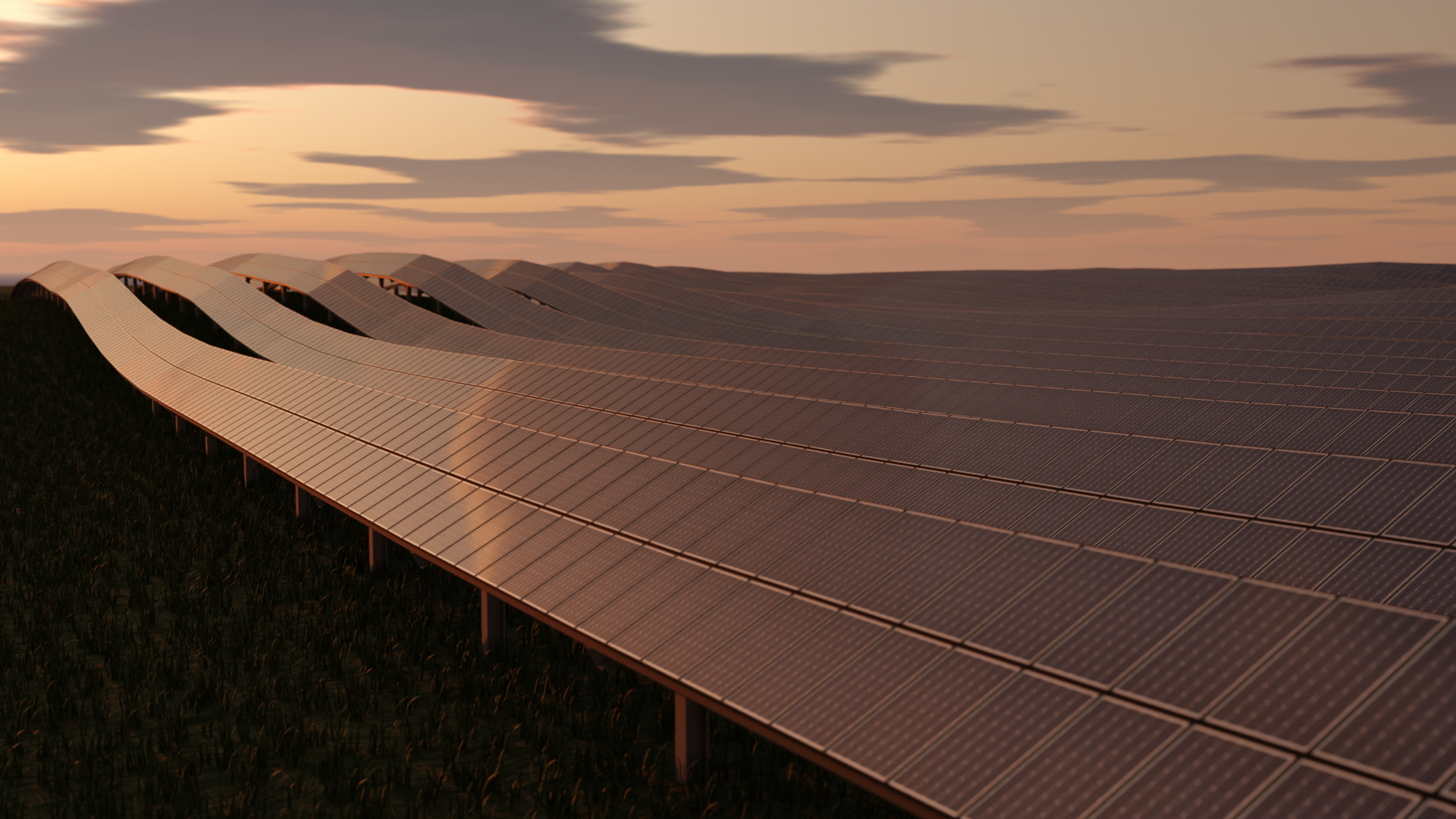 Render of a large ground-mount solar field during dusk